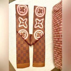 Designer Bandeau Silk Twilly Scarf in Pink Brown